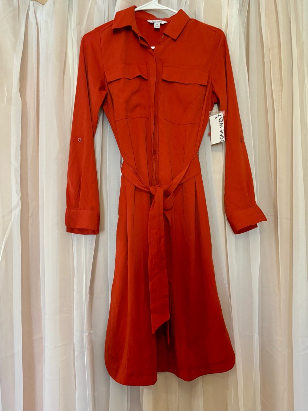 Nine West XS Burnt Orange/Red Long Sleeve Shirt Dress with Self-Tie Waist Midi